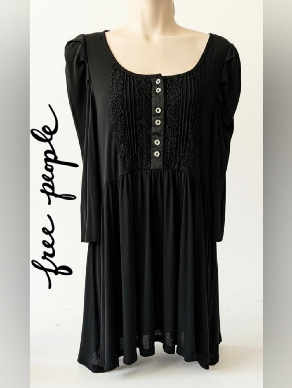 Free People Black Gauze Henley Pintuck Tunic Dress Medium